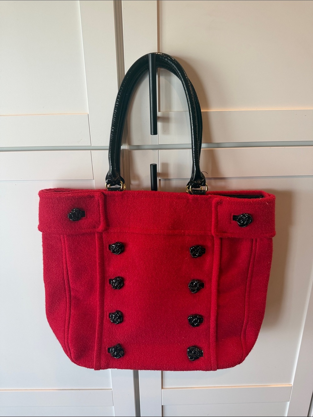 Braciano Red Wool Tote with Black Top Handles
